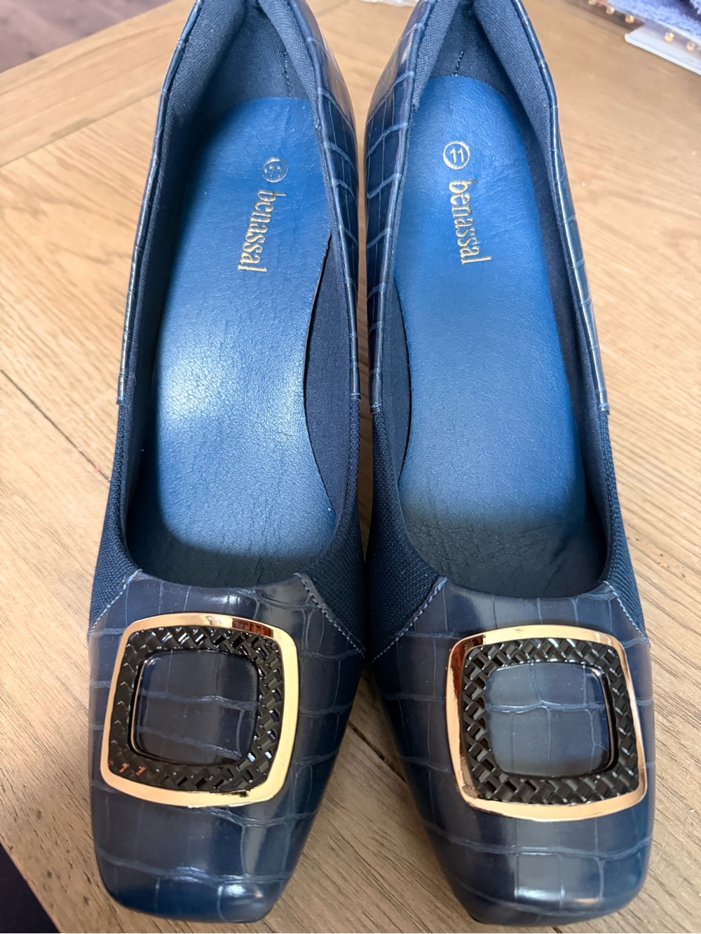 Women's Navy Croc-Embossed Buckle Pumps